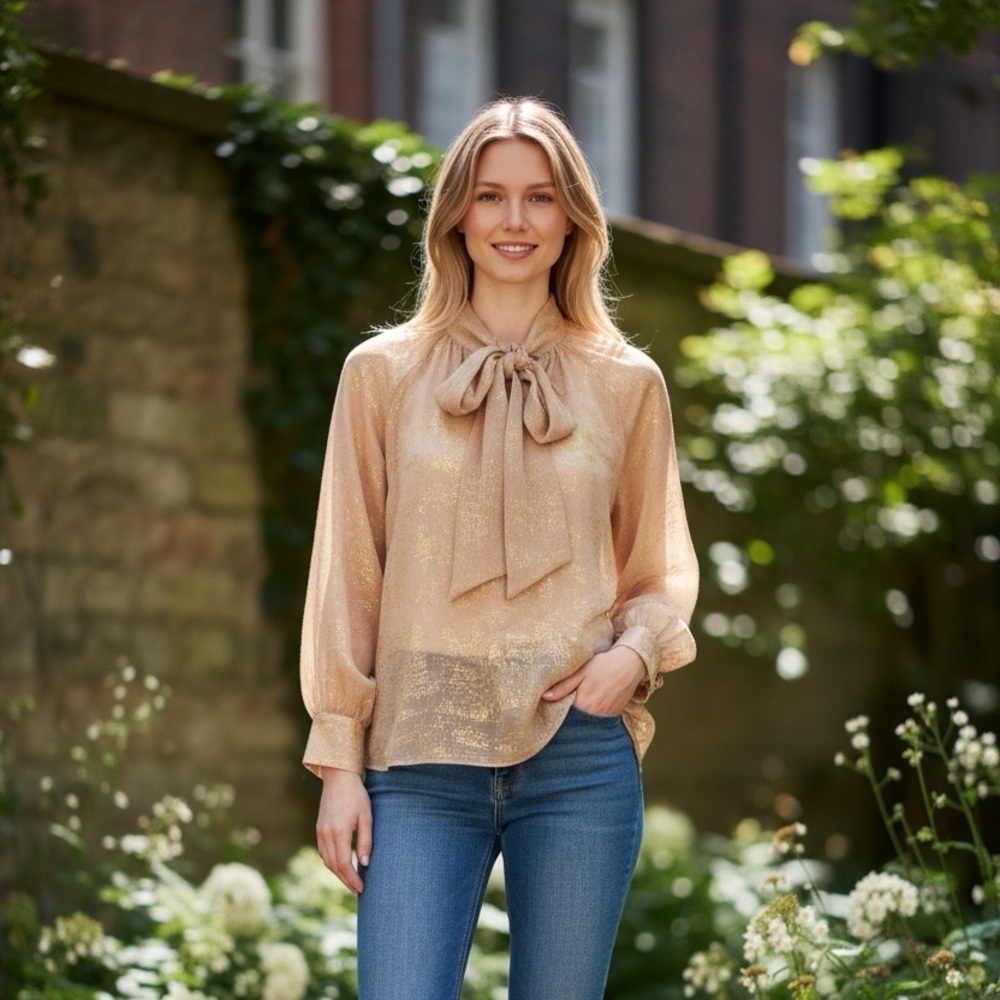 Elegant Women's Gold Blouse with Bow Accent